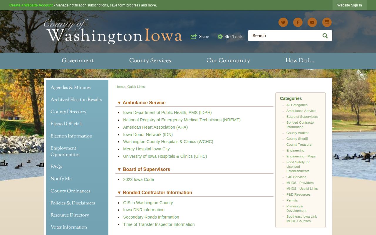 Washington County official quick links page showing access to the county-specific VINE service