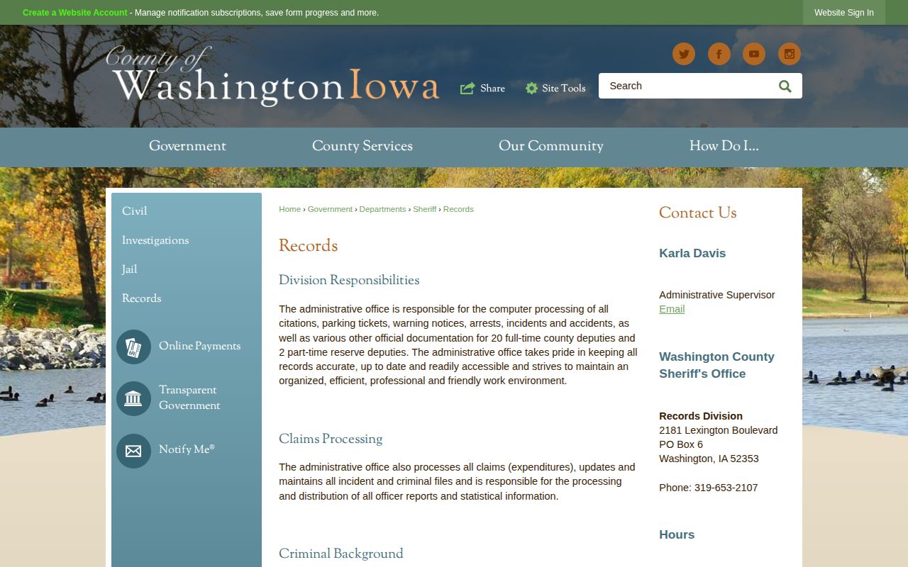 Washington County Sheriff Records Division webpage with arrest record contact information