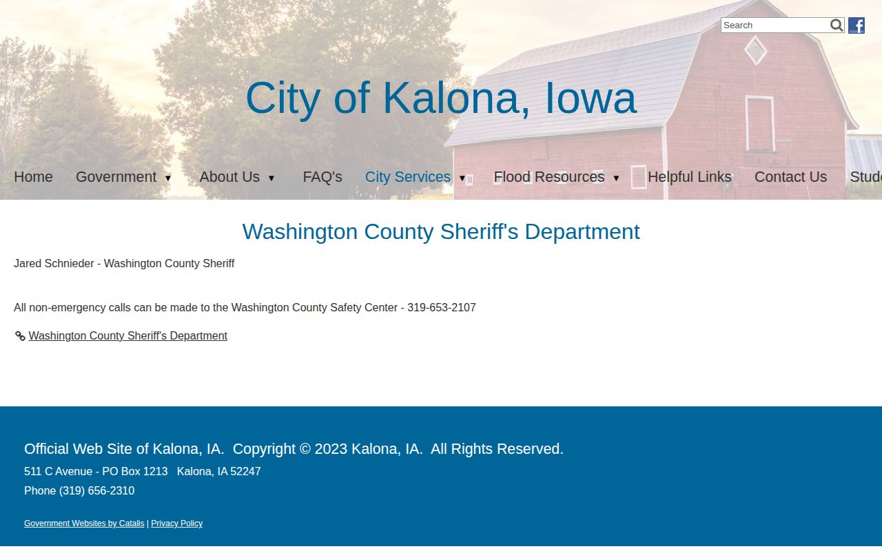 Kalona law enforcement page referring arrest matters to Washington County