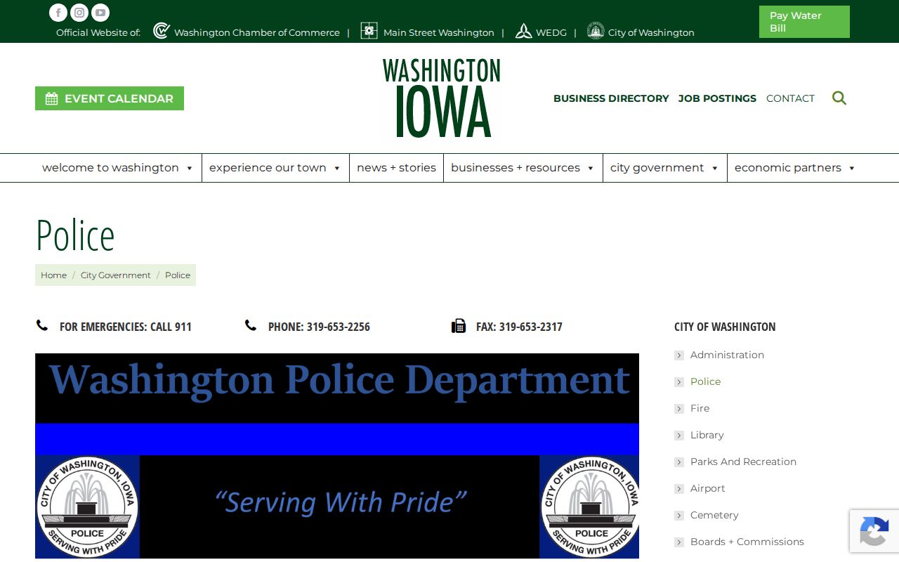 Washington Police Department page with no public Washington arrest log