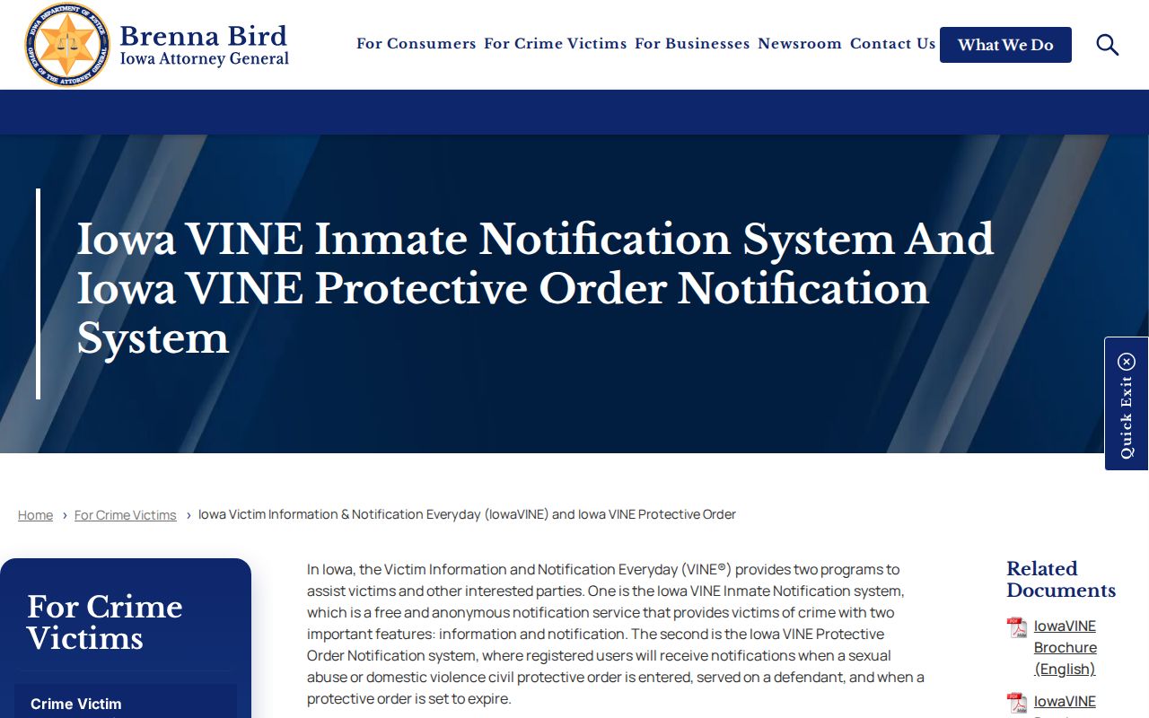Iowa Attorney General webpage explaining Iowa VINE custody searches and notifications