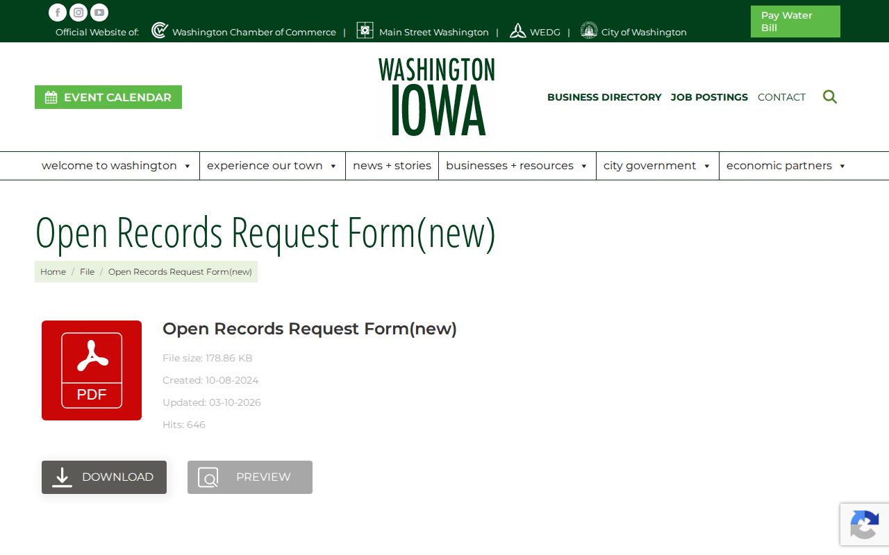 Washington Iowa open records request form for arrest records