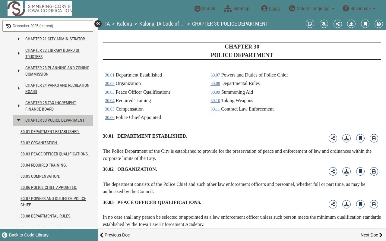 Kalona Iowa contract law enforcement code for arrest services