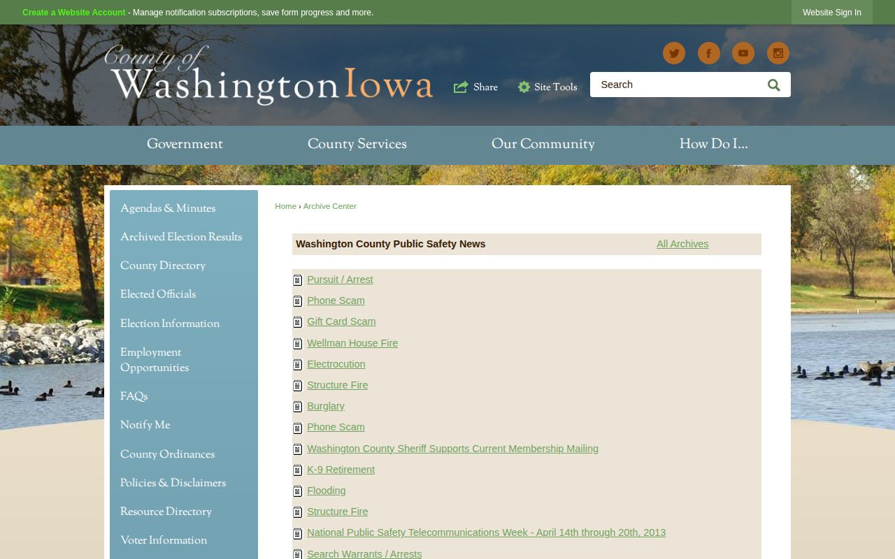 Official Washington County Public Safety News archive shown as a historical arrest resource