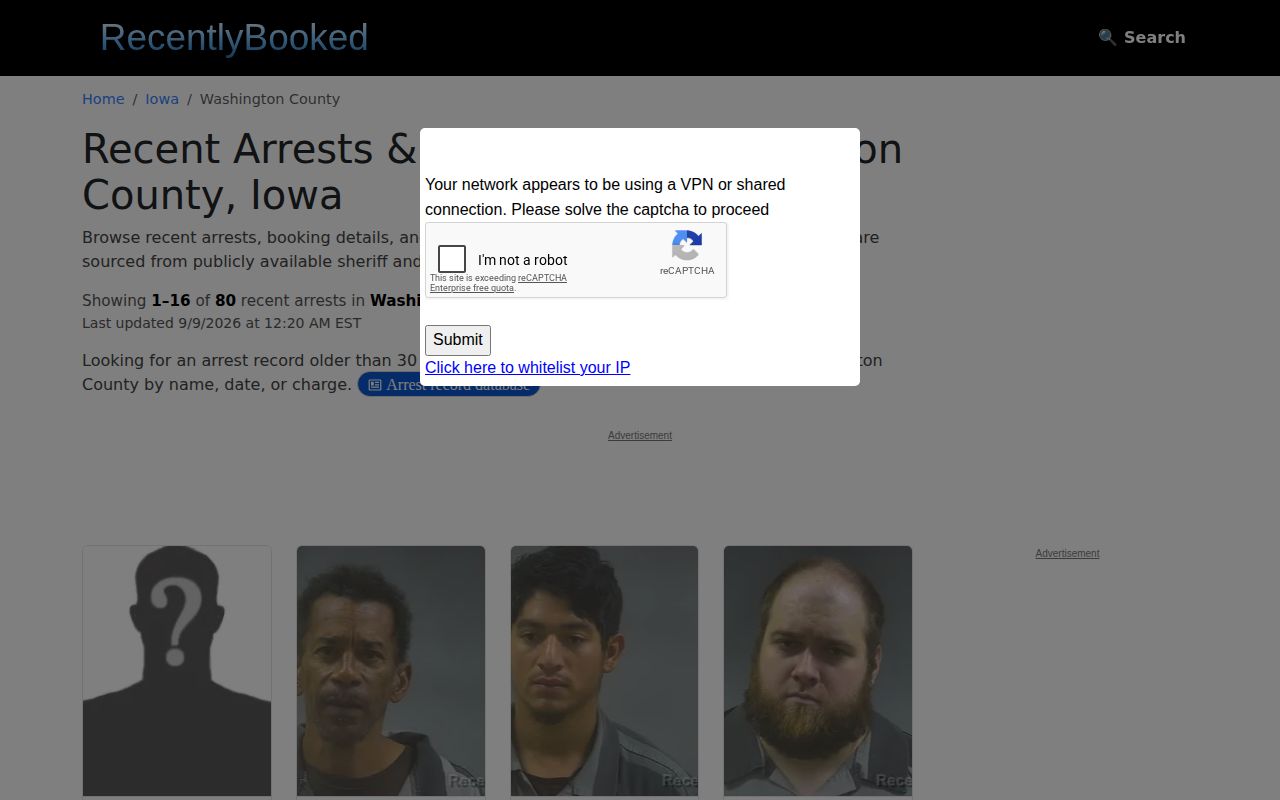 Unofficial RecentlyBooked Washington County page presented as a secondary arrest lead